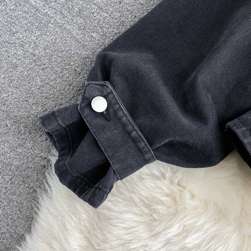 Women's Jackets Vintage Pearl Black Denim Coat Womens Autumn Elastic Waist V-neck Long sleeved Korean Irregular Hem Shorts jacket J240708