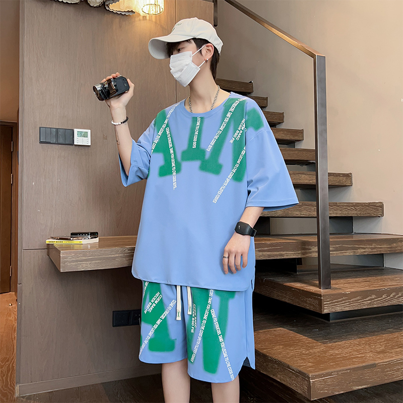 2024 Spring/Summer New Short sleeved Loose Casual Versatile Fashion Brand Letter Printing Thin Ice Silk Set Handsome F7.10#39