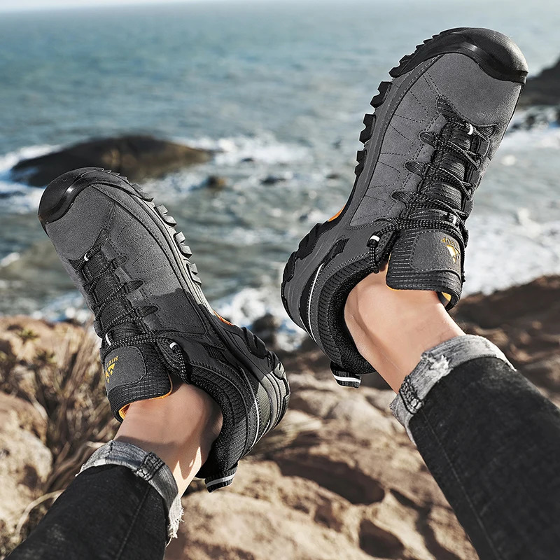 Hikeup High Quality Mens Hiking Shoes Durable Leather Climbing Shoes Outdoor Walking Sports Shoes Rubber Soles Factory Export 240710