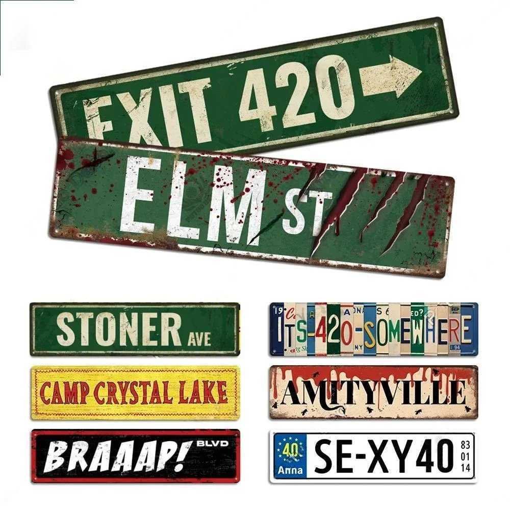 FJ Posters Elm Street 420 Stoner Metal Signs Iron Aluminium Accessories Plaque Metal Wall Art for Horror Movie Grunge Room DecorB240710