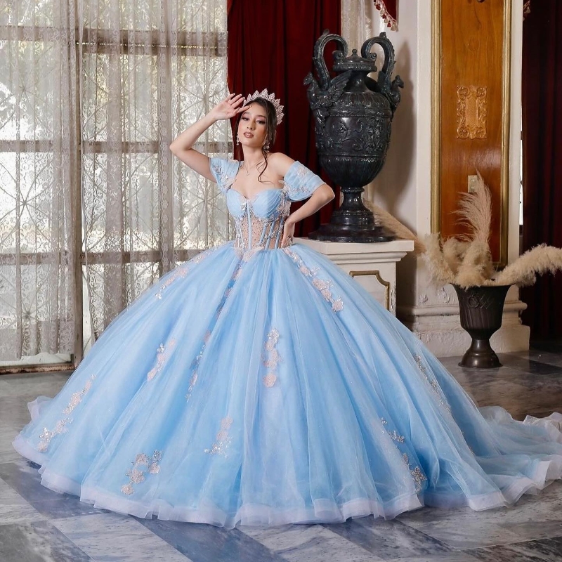 Princess Ball Gown Quinceanera Dresses 2024 Off Shoulder Appliques Bow Crystal Tull Vestido De 15 Anos 16th Prom Party