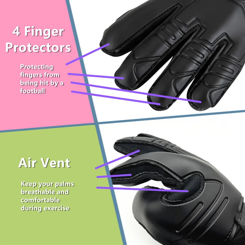 1 Pair Black Size 7-10 Goalkeeper Gloves WIth Finger Protector Air Vent Soccer Goalie Football Latex 240705