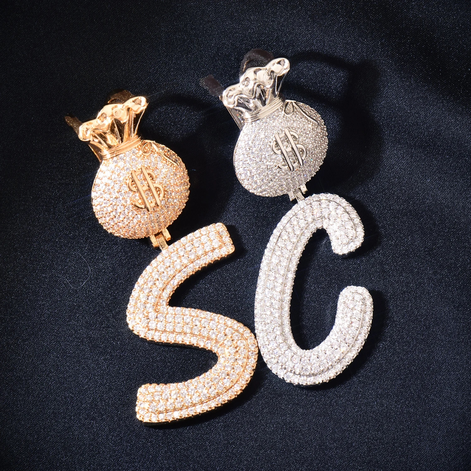 Dollar Bag Bail Initial Letters Pendant Iced Out Cubic Zirconia Gold Silver Color Necklace Chain Men Women Hip Hop Jewelry