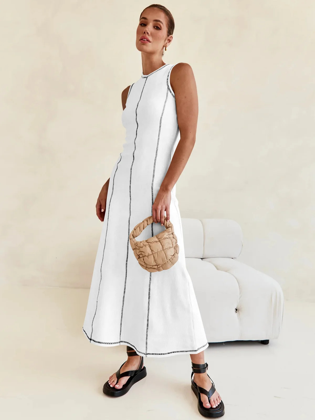 French Style Knitted Maxi Dresses for Women Casual Solid Sleeveless Patchwork Warp Hip Sexy Dresses Vestidos De Mujer 240701