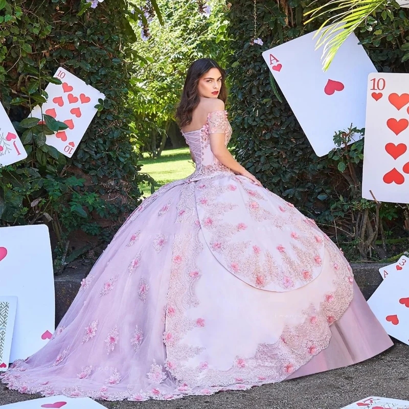 Pink Cinderella Quinceanera Dresses Ball Gown Applique Beading 3D Flower Party Gowns Vestido 15 De Festa Sweet 16 Dress