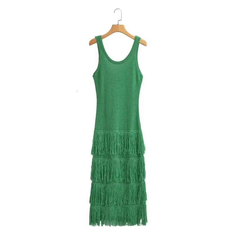 Autumn Womens Tank Top Skirt Long Sleeveless French Fringe Detail Knitted Dress 240701