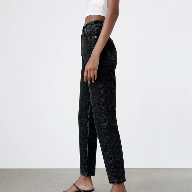 Black Reworked Straight Jeans Women High Rise Solid Color Ankle Length Denim Pants Streetwear Fashion Cowboys Trousers 240704