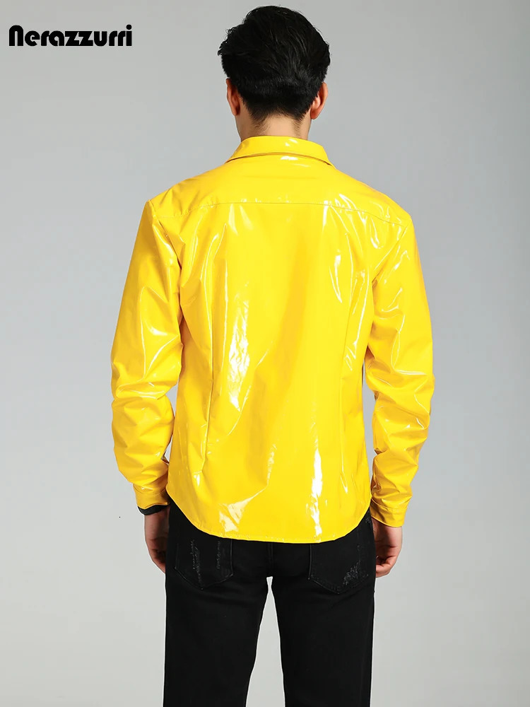 Mauroicardi Spring Autumn Cool Short Shiny Reflective Stretchy Fitted Patent Faux Leather Shirt Jacket Men Y2K Streetwear 240703