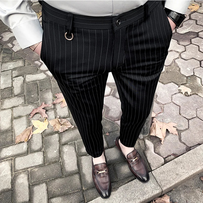 Men's Slim Fit Stretch Dress Pants - Black Striped Formal Ankle Trousers, Business Casual Boutique Style