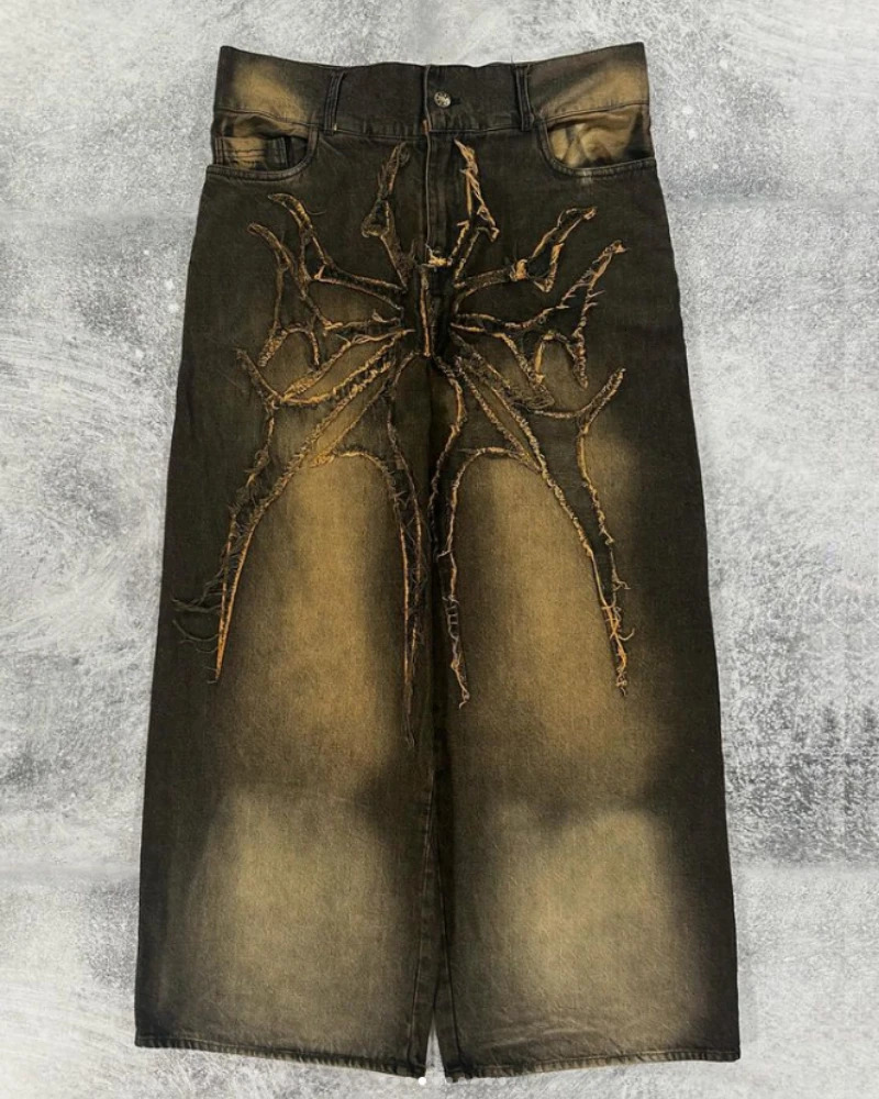 Gothic geometric spider pattern embroidered oversized high-waisted jeans for men y2k American washed old wide-leg pants 240704