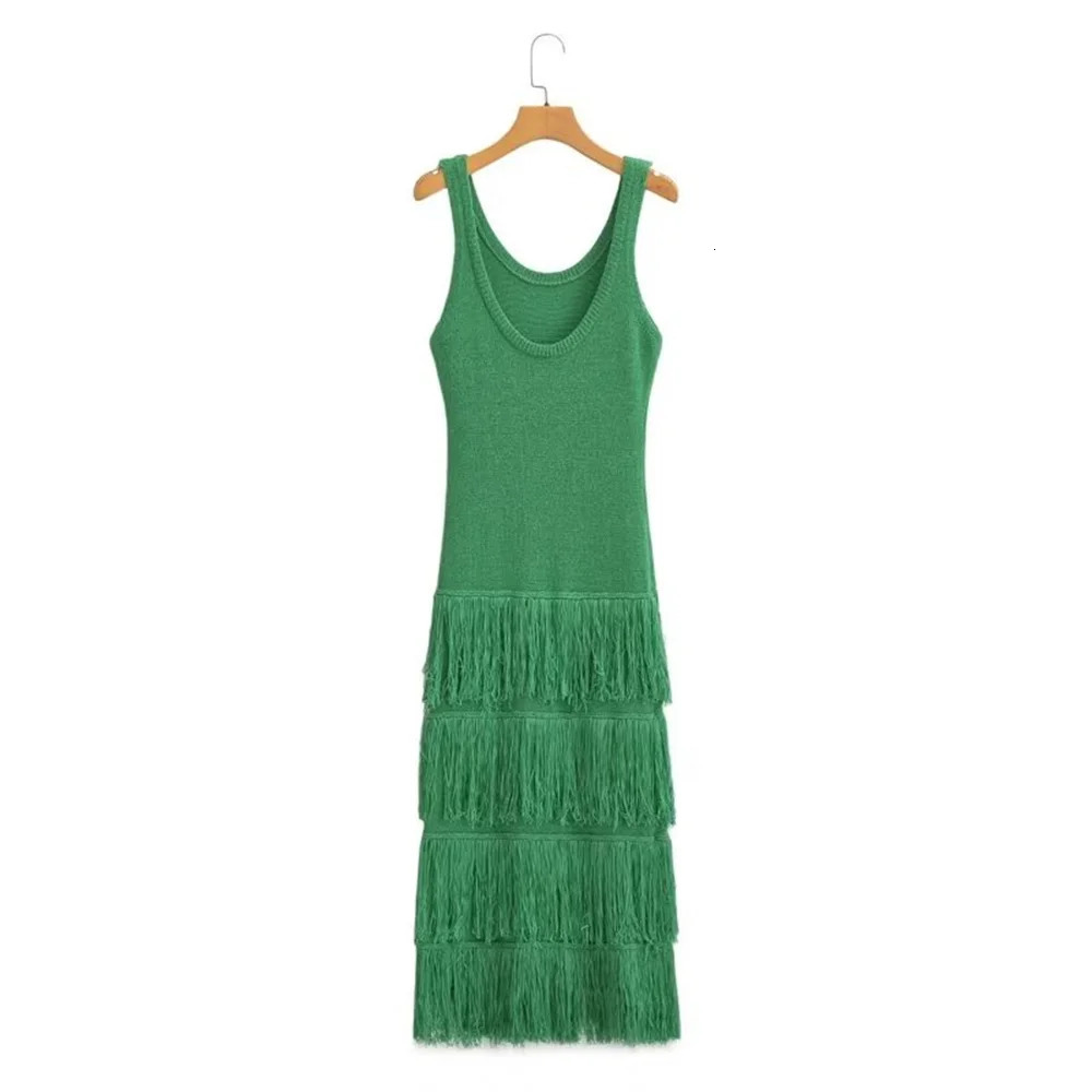 Autumn Womens Tank Top Skirt Long Sleeveless French Fringe Detail Knitted Dress 240701