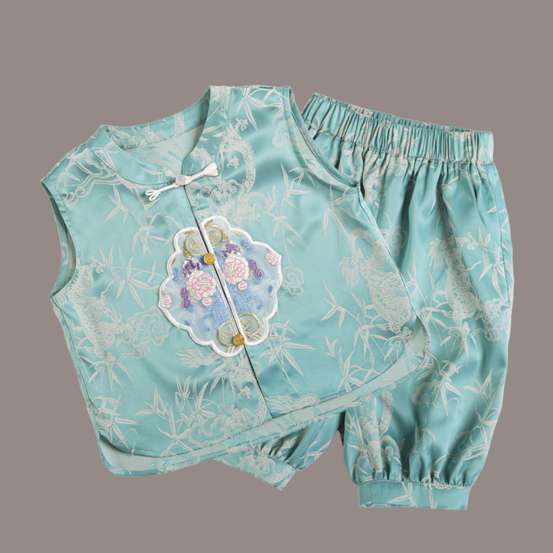 Children's summer new new Chinese boys and girls Tang suit hanfu dark jacquard short-sleeved light casual