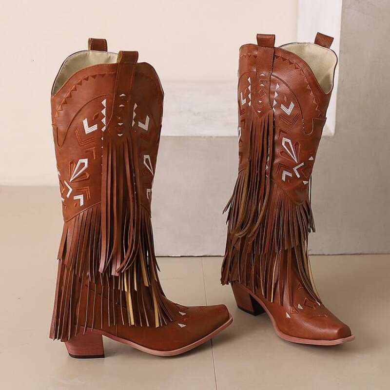 2024 European And American Fashion Thick Heel Tassel Sleeve Women's Western Embroidered Denim Knee Length Boots