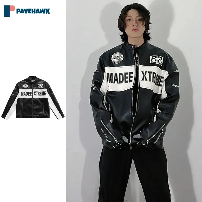 High Street Vintage Motorcycle Jacket Men Women Hip Hop Loose Patchwork Letter Print Racing Jackets Unisex PU Leather Coats 240704