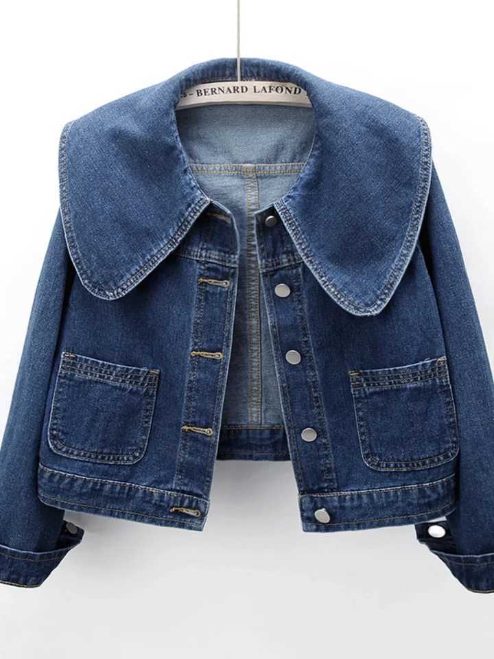 Women's Jackets Peter Pan collar denim womens jacket Korean fashion long sleeved button up denim jacket retro crop womens casual loose fitting ja
