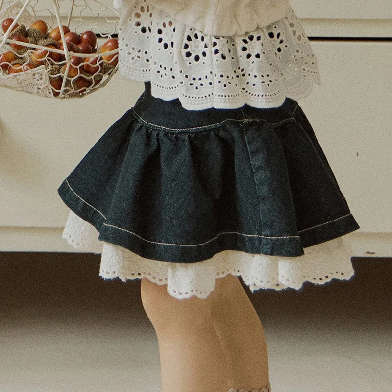 Korean Style Spring Autumn Kids Girl Skirt Lace Denim Patchwork Hollow Out High Waist Short Skirts Children Clothing H030 240703