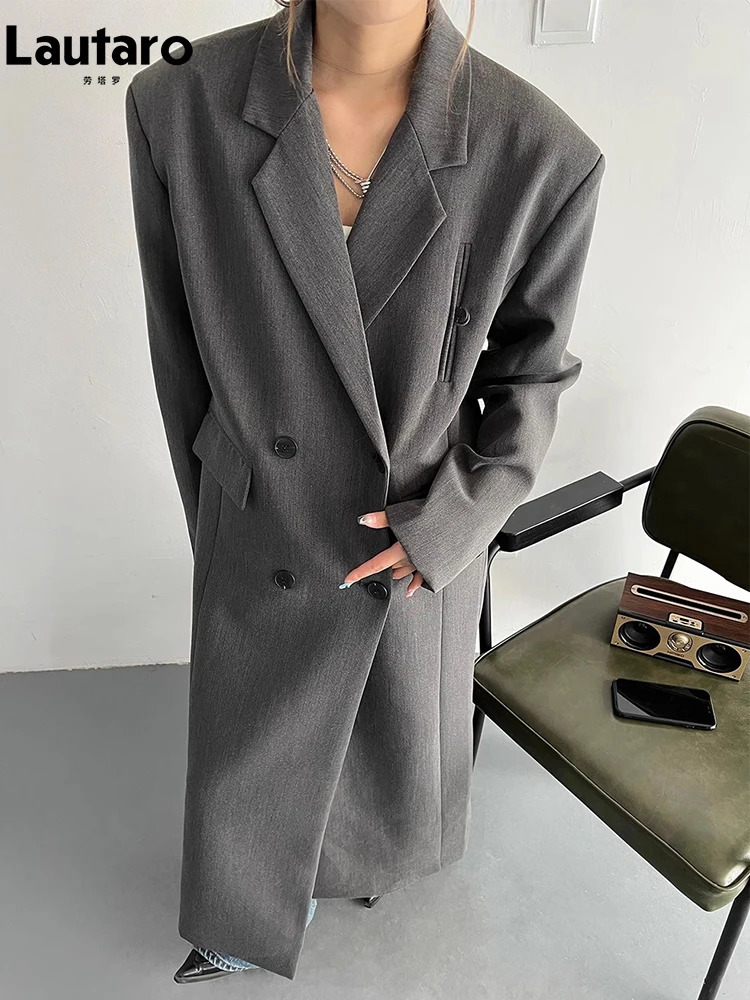 Lautaro Spring Autumn Long Grey Black Trench Coat for Women Double Breasted Loose Casual Korean Fashion Clothing Blazer 240703