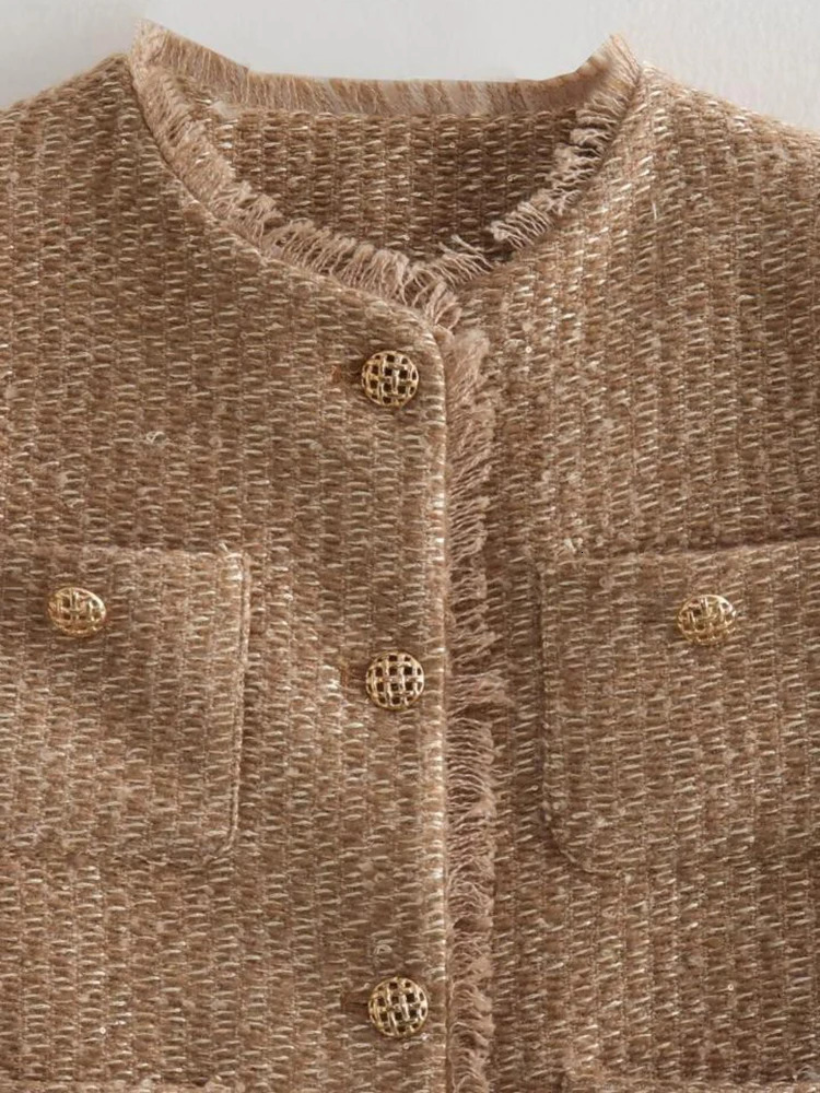 Women Camel Elegant Tweed Cropped Jacket Autumn Button Frayed Long Sleeve Jackets Female Fashion O-neck Pocket Short Coats 240708