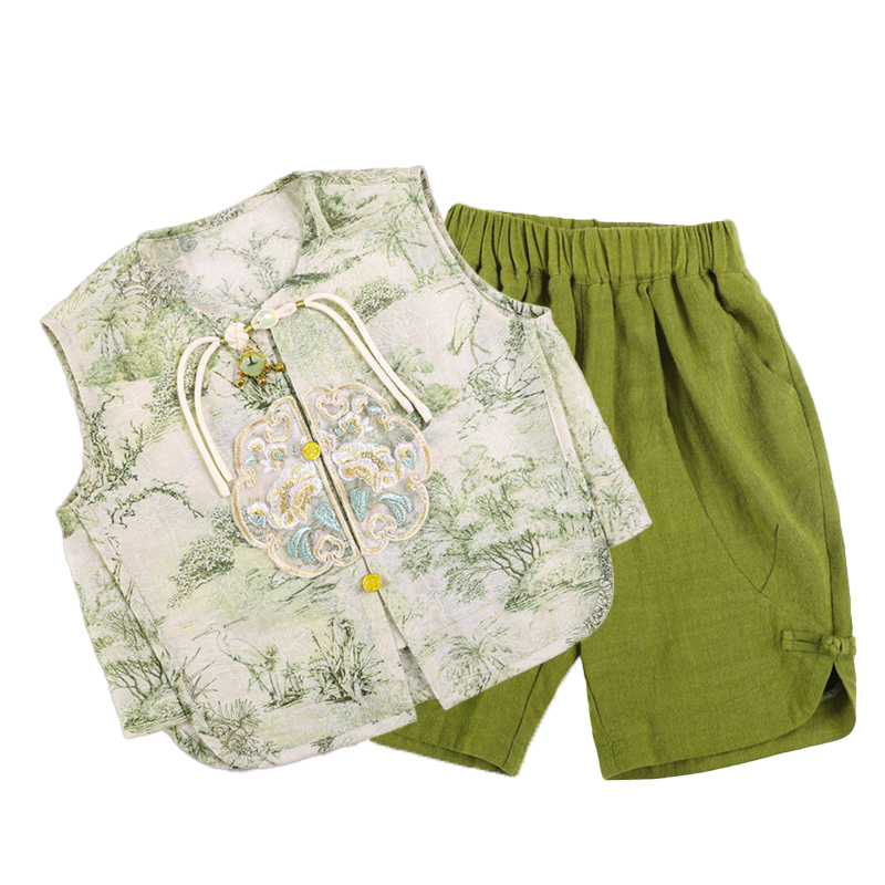 T-shirt children's Customized Summer New Product New Chinese Tang Dynasty Hanfu Short sleeved Shorts Two piece Casual Travel New Year Dress