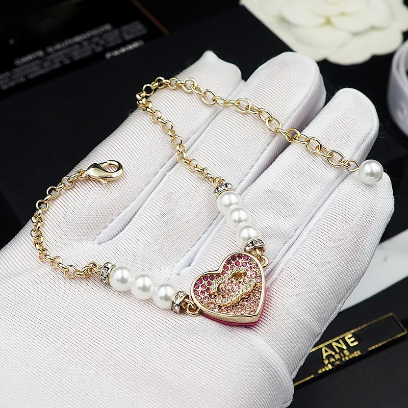 Designer bracelet for women Luxury Charm Bracelet pearls heart bracelets Pink rhinestones fashion trend bracelets double enamel Gifts