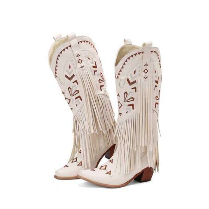 2024 European And American Fashion Thick Heel Tassel Sleeve Women's Western Embroidered Denim Knee Length Boots