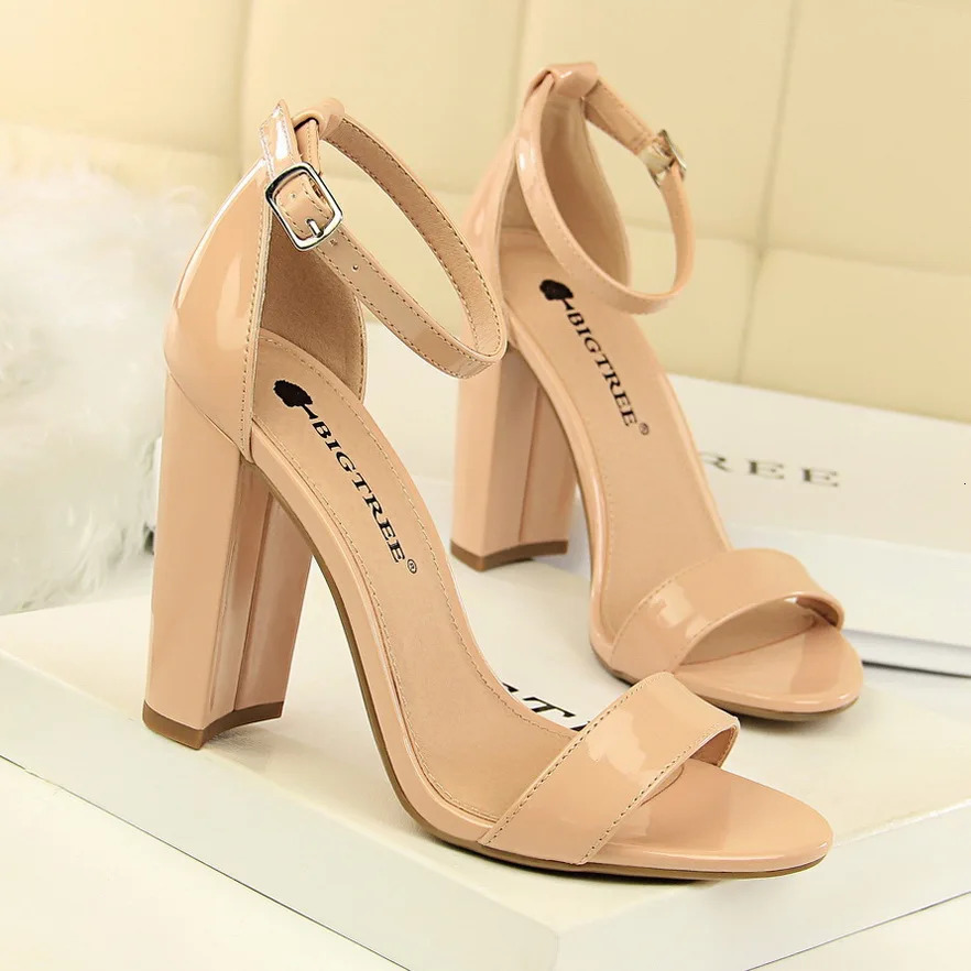 Summer Women 9.5cm High Heels Sandals Yellow Nude Purple Gladiator Square Block Heels Pumps Strappy Chunky Platform Bridal Shoes 240708