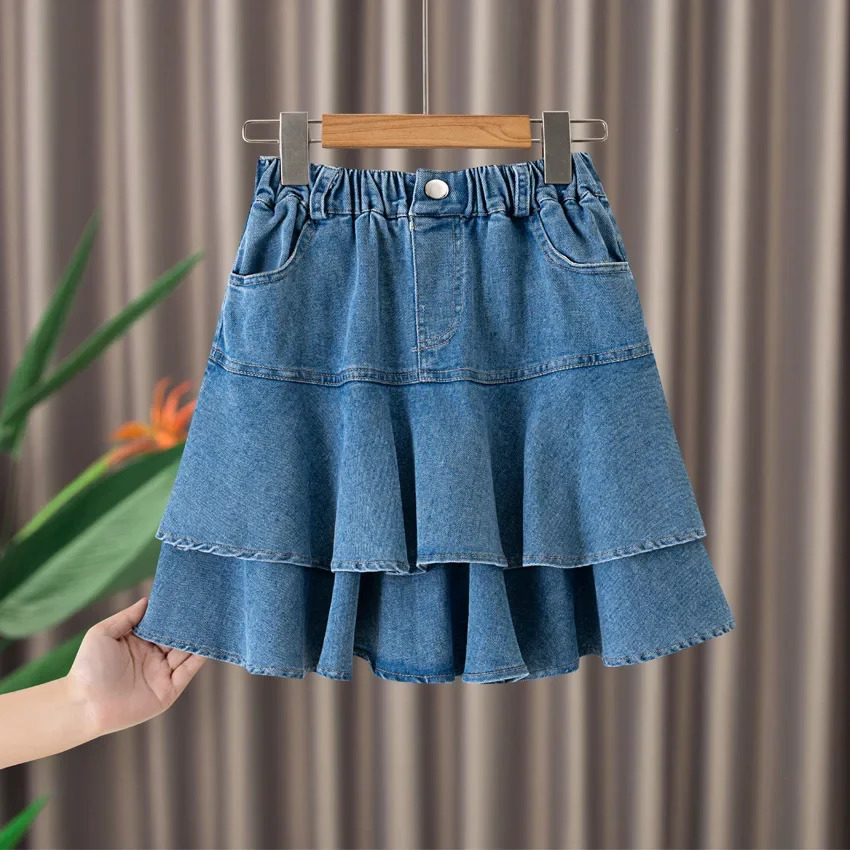 Girls Denim Skirt Summer Korean Style Ruffled Tiered Skirt for Kids Cotton All-match 4-12 Years Teen School Children Short Skirt 240703