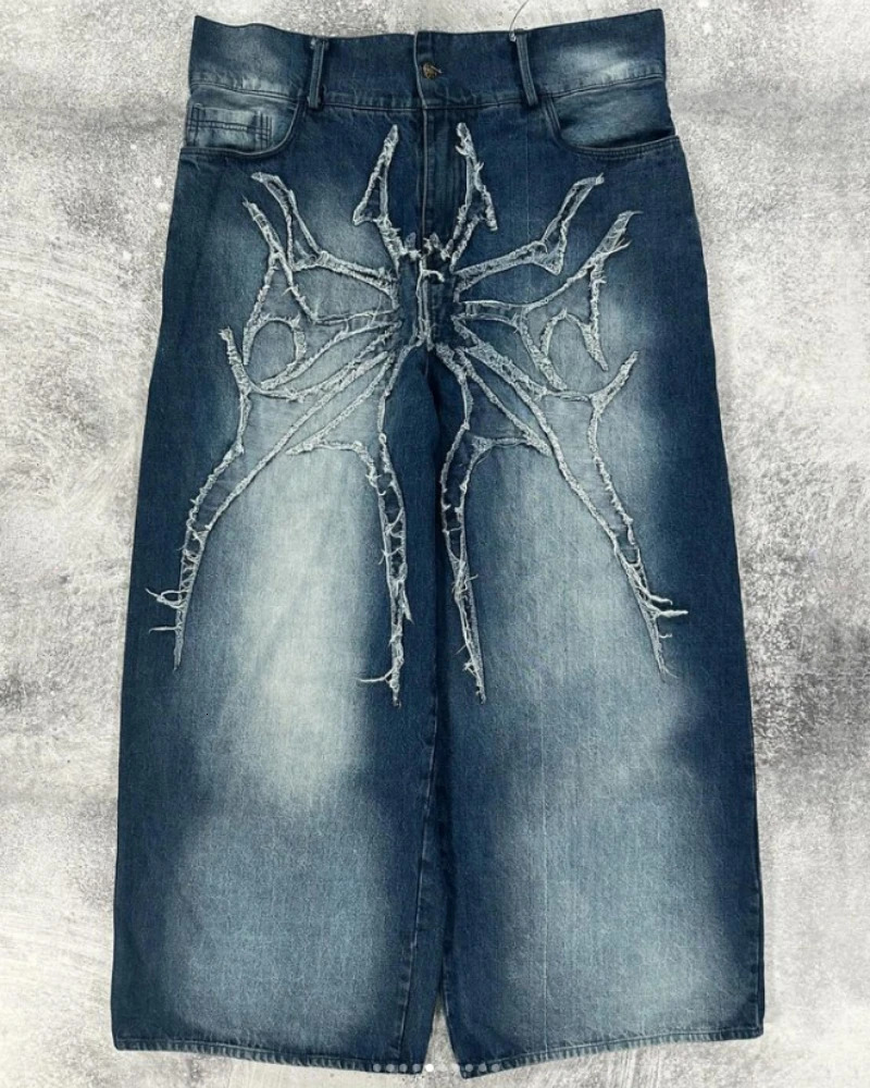 Gothic geometric spider pattern embroidered oversized high-waisted jeans for men y2k American washed old wide-leg pants 240704