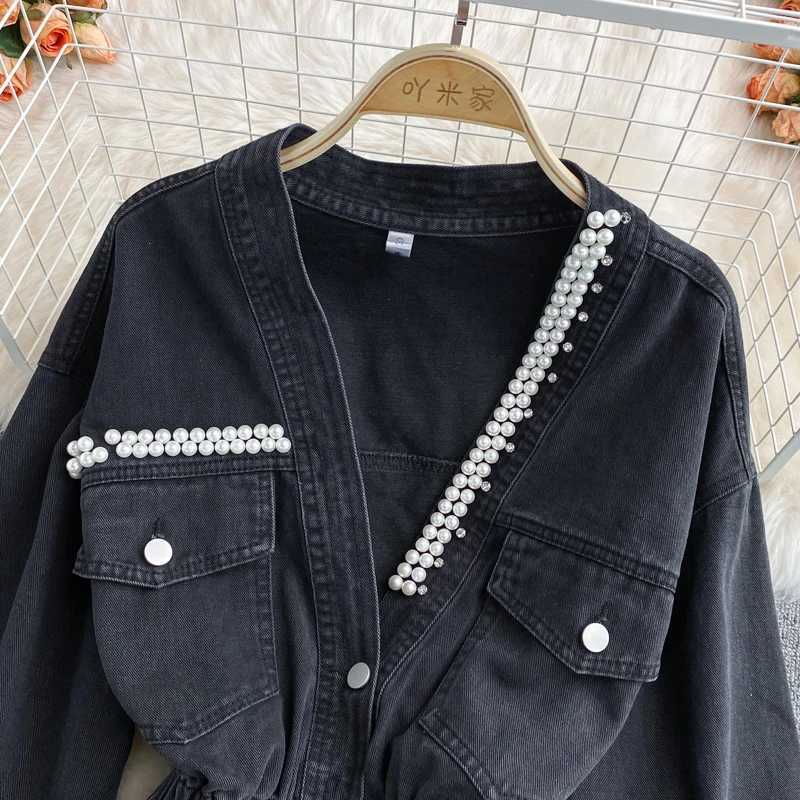 Women's Jackets Vintage Pearl Black Denim Coat Womens Autumn Elastic Waist V-neck Long sleeved Korean Irregular Hem Shorts jacket J240708