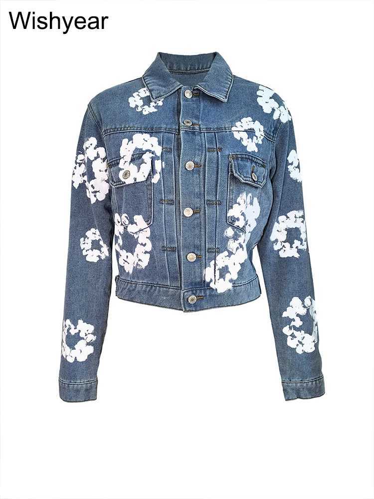 Women's Jackets Womens fashion lapel long sleeved single breathing denim jacket street clothing printed denim jacket club top jacket J240708