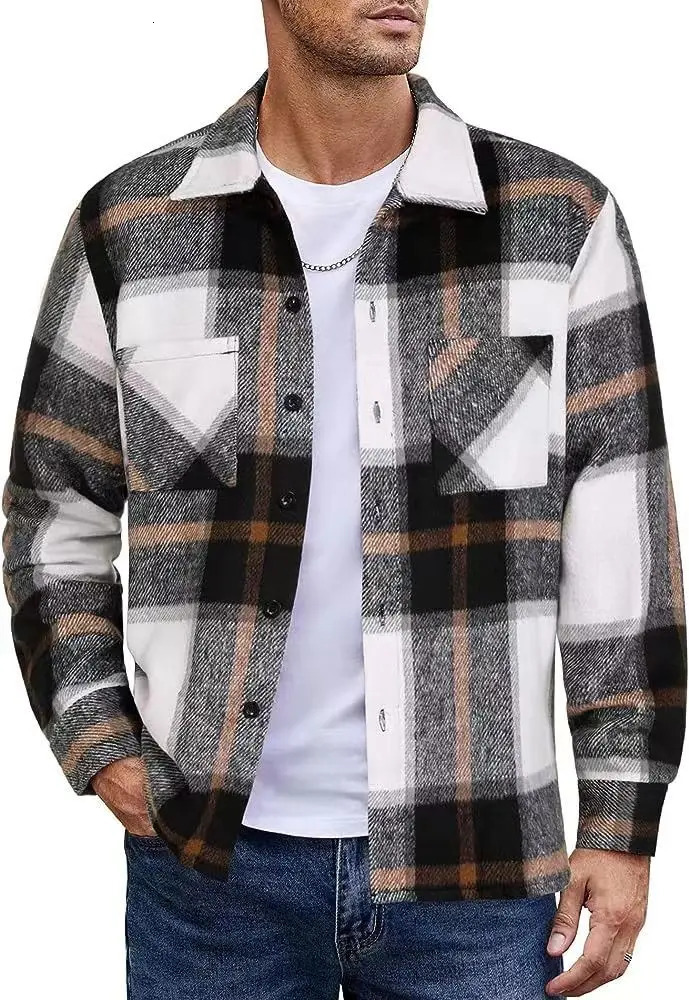 Autumn Winter Mens Plush Warm Plaid Thickened Shirt Jacket Coat Elegant Long Sleeve Shirts For Men 240701