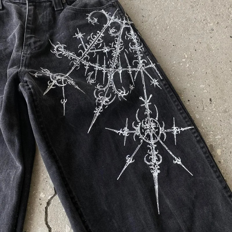 Gothic Baggy Jeans Y2K Style High Quality Retro Leisure Hip Hop Harajuku Streetwear Men Women Pattern High Waisted Trousers 240704