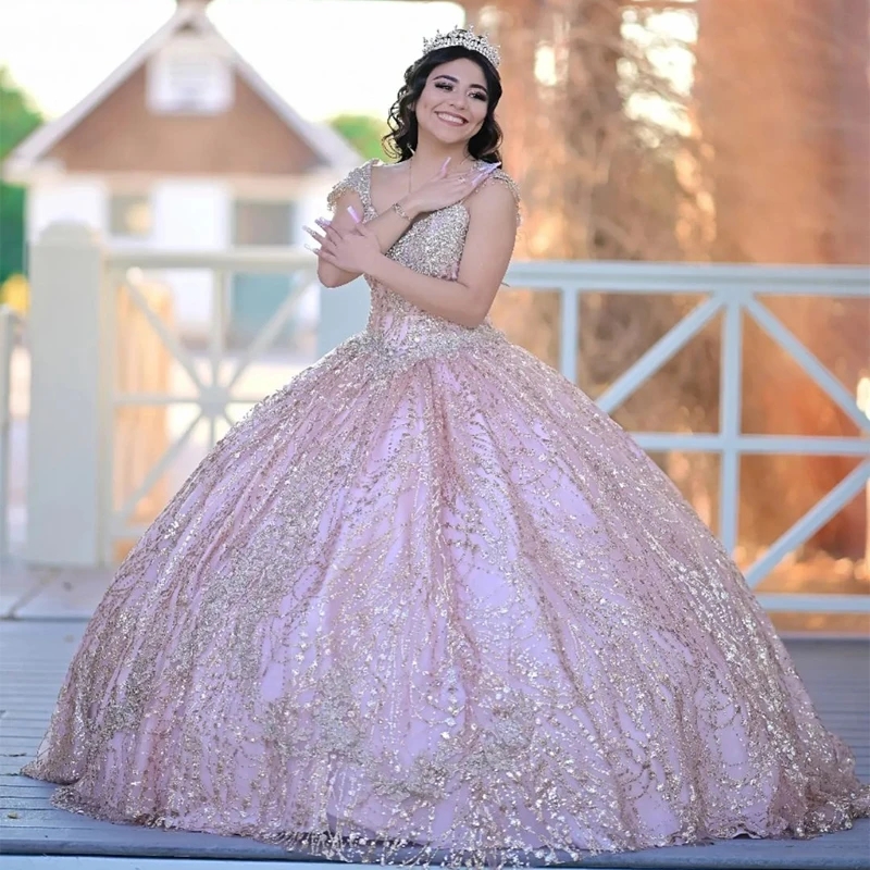 Robes de quinceanera rose blush Robe de bal perle pour la douce robe de robe paillette de graduation fête princesse vestido de 15