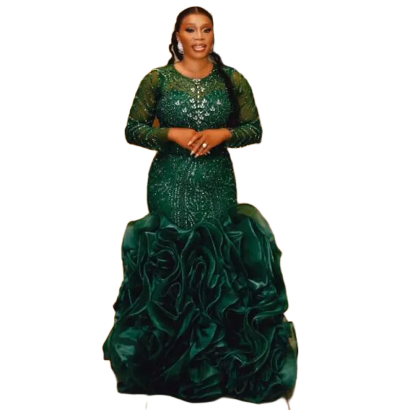 Hunter Green Mermaid Tiered Ruffles Prom Dresess Long Sleeves Beaded Sequined Aso Ebi Arabic Evening Gowns Women Reception Dress Anniversaries Celebri