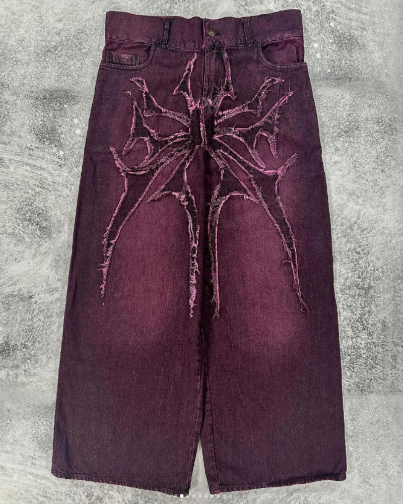 Gothic geometric spider pattern embroidered oversized high-waisted jeans for men y2k American washed old wide-leg pants 240704
