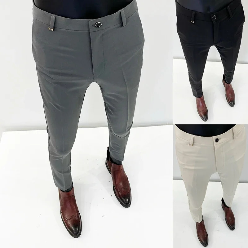 Men Suit Pants Formal Trousers Pantalone Hombre Stretch Slim Solid Color Casual Dress Full Length Pants Fashion Men Clothing 240708