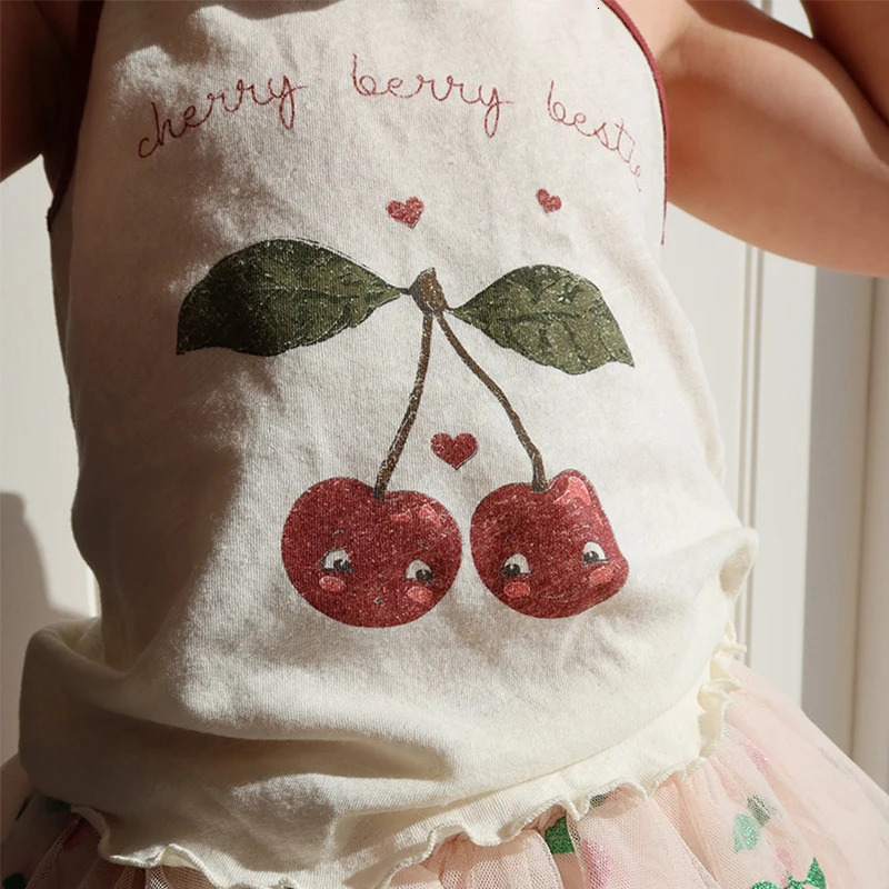 2024 Summer Girl Stripe Cherry Short T-shirt Boy Polo Shirt Kids Leisure Top Childrens Cute Printed T-shirt 240709