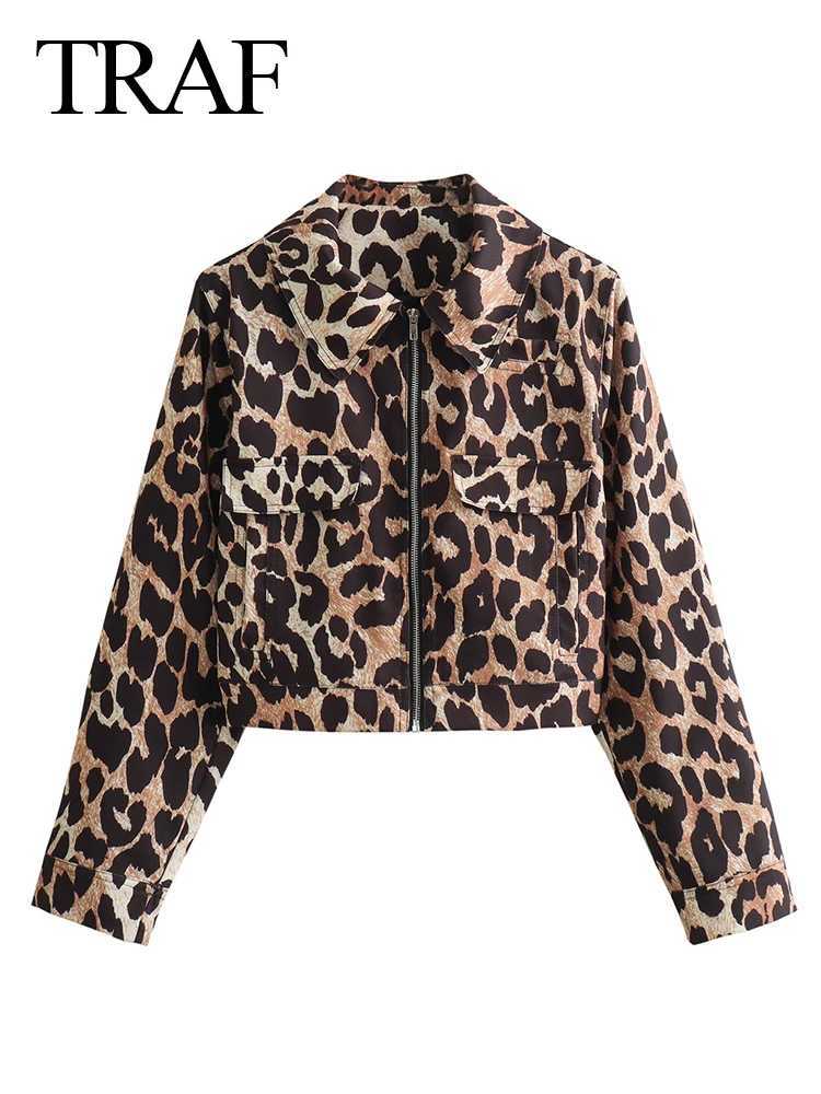 Women's Jackets TRAF retro casual womens jacket with leopard print zipper lapel short jacket new fashion 2024 spring holiday jacket J240708