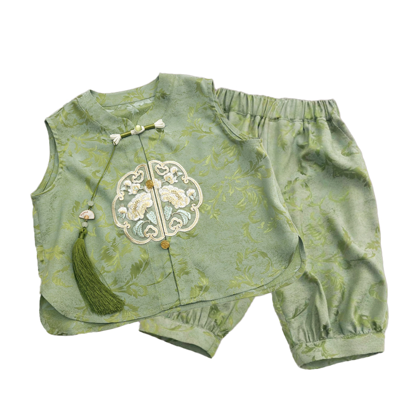 Children's summer new new Chinese boys and girls Tang suit Hanfu dark jacquard short-sleeved light suit