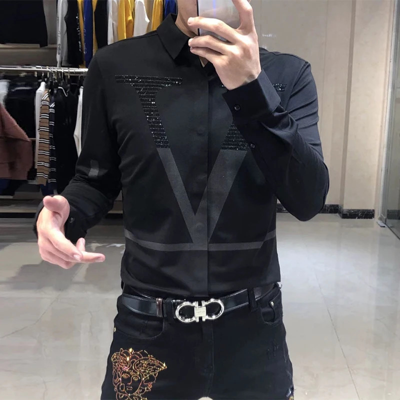 Spring Autumn Personality Diamonds Letter Printing Shirt Hombre Long Sleeve Casual Fashion All-match Bottoming Blouse Men Top 240704