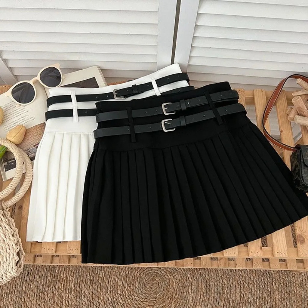 Spring Autumn baby Girls Pleated Skirt Teenage Skorts Skirt Children Bottoms Fashion 3-14Y Solid Double Belt Kids clothes 240703