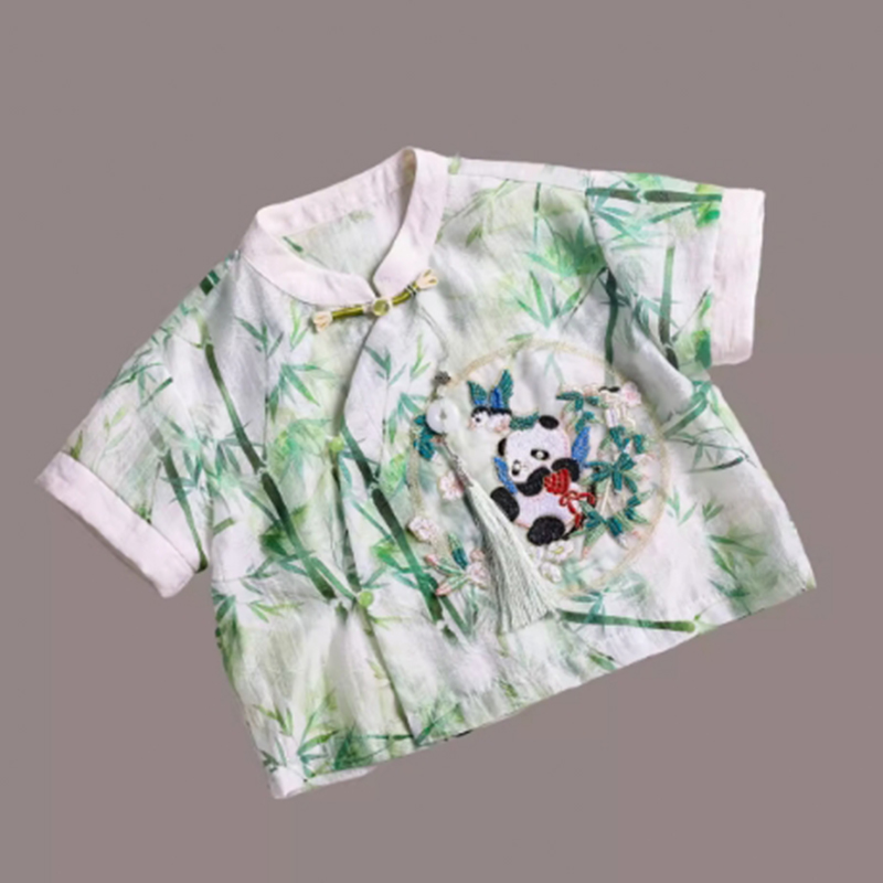 Customized children's summer new product, boys' new Chinese Hanfu, Tang suit, short sleeved two-piece set for siblings, children's perf