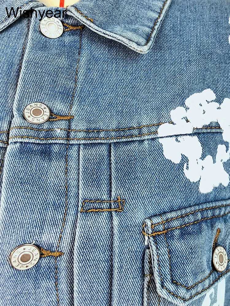 Women's Jackets Womens fashion lapel long sleeved single breathing denim jacket street clothing printed denim jacket club top jacket J240708