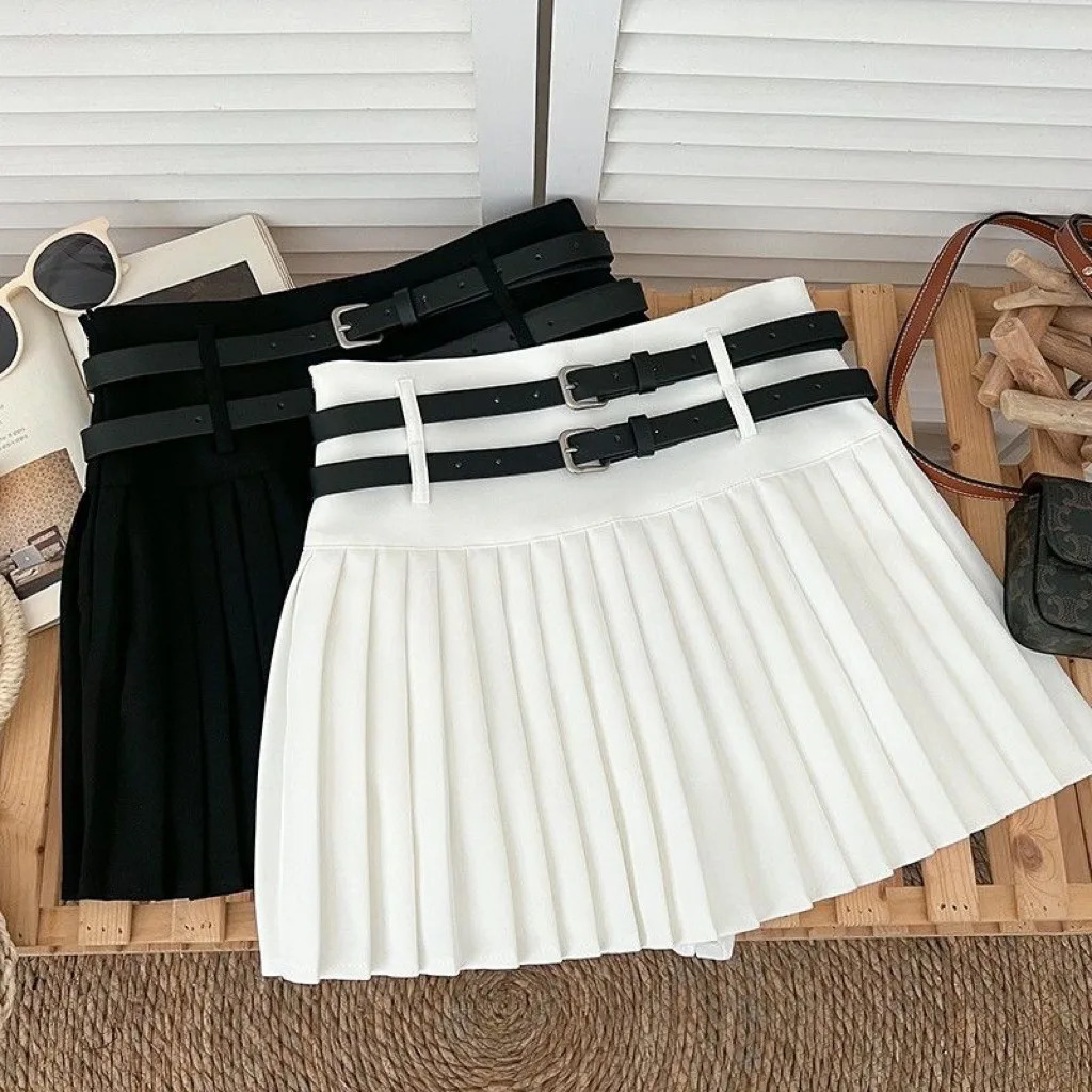 Spring Autumn baby Girls Pleated Skirt Teenage Skorts Skirt Children Bottoms Fashion 3-14Y Solid Double Belt Kids clothes 240703
