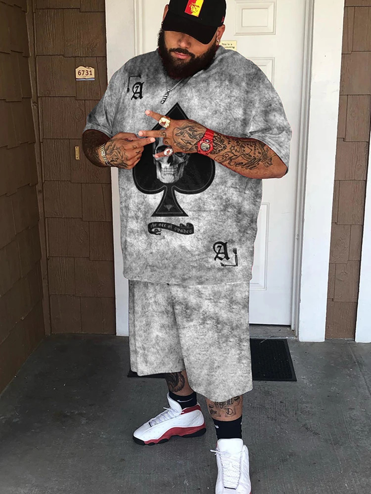 ZOOY L-9XL Mens Plus Size Personality Graffiti Cartoon Hip Hop Abstract Poker Street Short Sleeve T-Shirt Shorts Set 240701