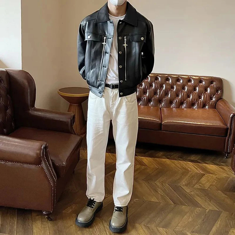 Mens Y2k Biker Metal Zipper Decorated Pu Leather Jacket Genderless Autumn Winter Fashion Street Retro Loose Casual Jacket Unisex 240703