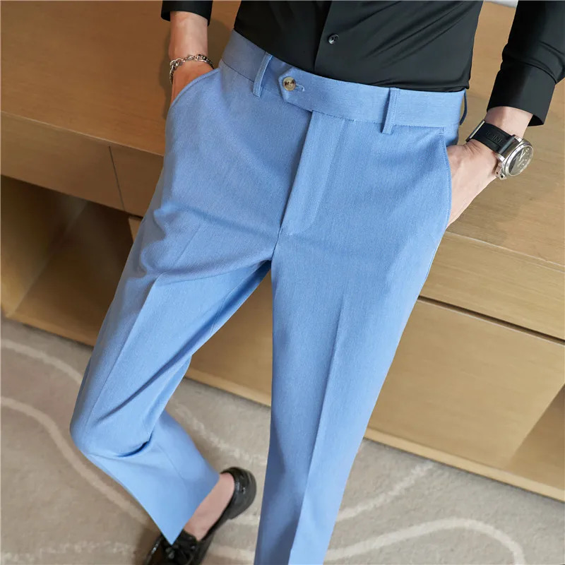 Autumn Men Blue Suit Pants Casual Elastic Slim Fit Formal Dress White Trousers Pantalon Homme Wedding Party Men Clothing 240708