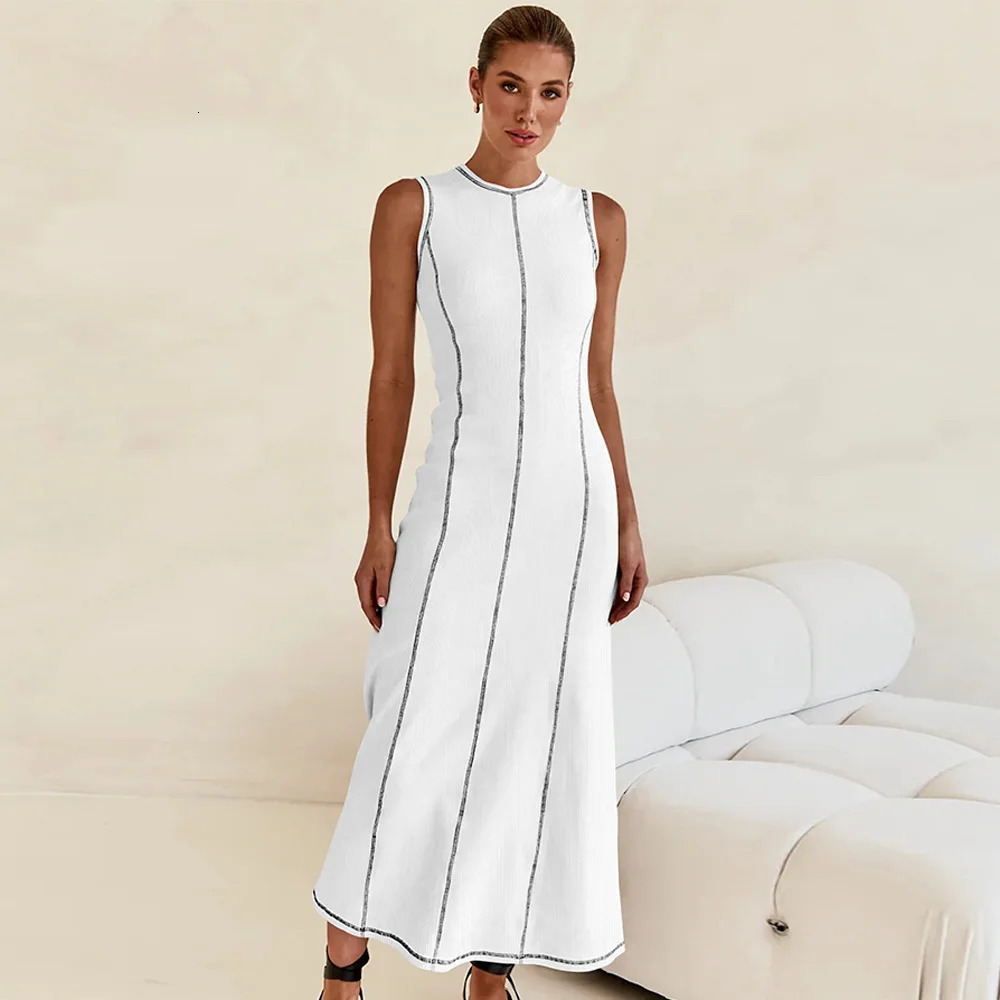 French Style Knitted Maxi Dresses for Women Casual Solid Sleeveless Patchwork Warp Hip Sexy Dresses Vestidos De Mujer 240701