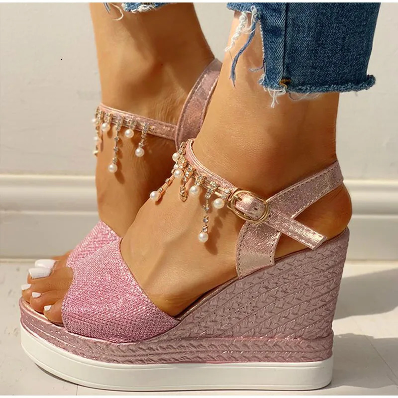 Women Wedge Sandals Summer Bead Studded Detail Platform Sandals Buckle Strap Peep Toe Thick Bottom Casual Shoes Ladies 240708