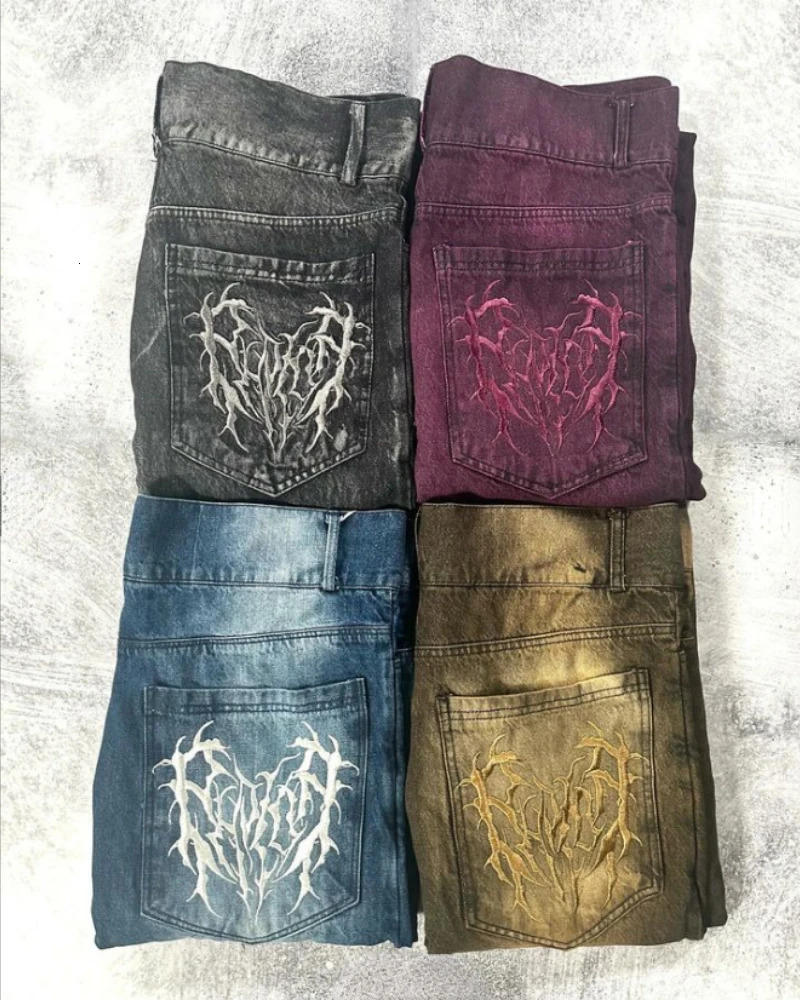 Gothic geometric spider pattern embroidered oversized high-waisted jeans for men y2k American washed old wide-leg pants 240704